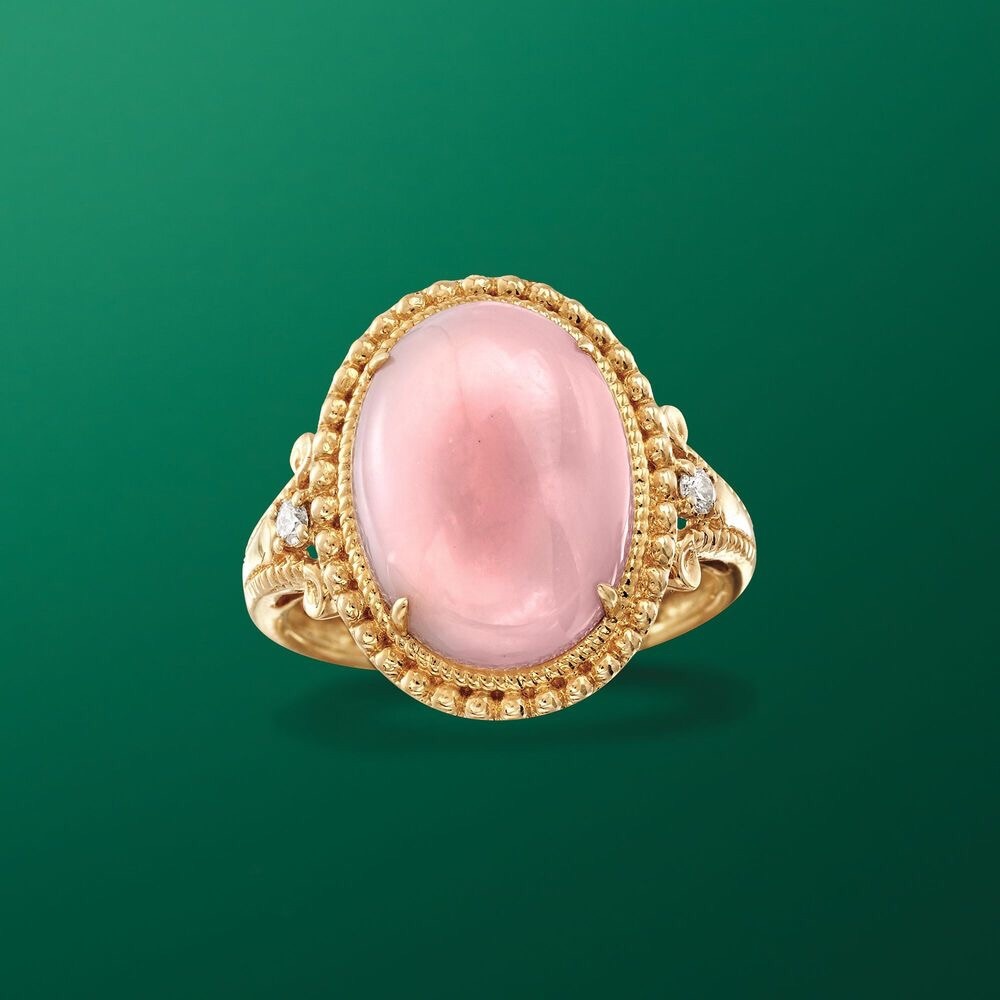 14K Yellow gold natural Oval cabochon Peruvian pink opal & diamonds ring RARE - Picture 4 of 16